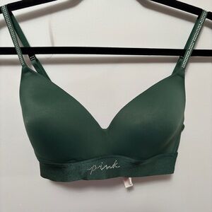 Victoria's Secret Pink 32D Green Wireless Wide Band Logo W/ Rhinestones